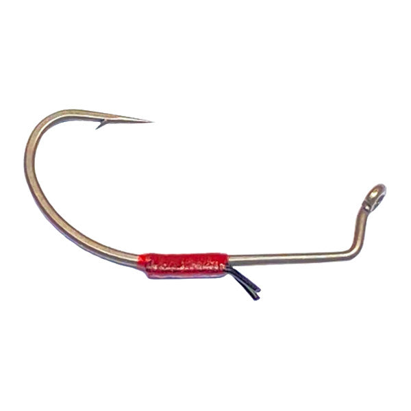 Nishine Lure Works DS Trailer Keeper Drop Shot Hook featuring a sharp curved metal hook with a red keeper sleeve and a wire loop for attaching fishing tackle.