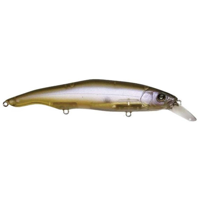 Nishine Lure Works Erie 115SD Jerkbait fishing lure with a ghost smelt color pattern, featuring a detailed fish body and a clear diving lip for realistic movement.