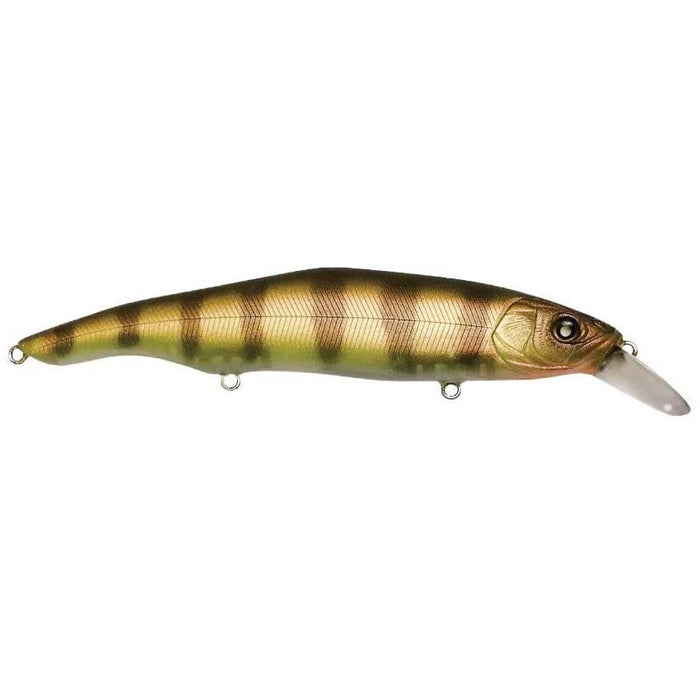 Nishine Lure Works Erie 115SD Jerkbait designed to mimic a yellow perch with a lifelike fish pattern, featuring a slender body and a plastic lip for diving action.