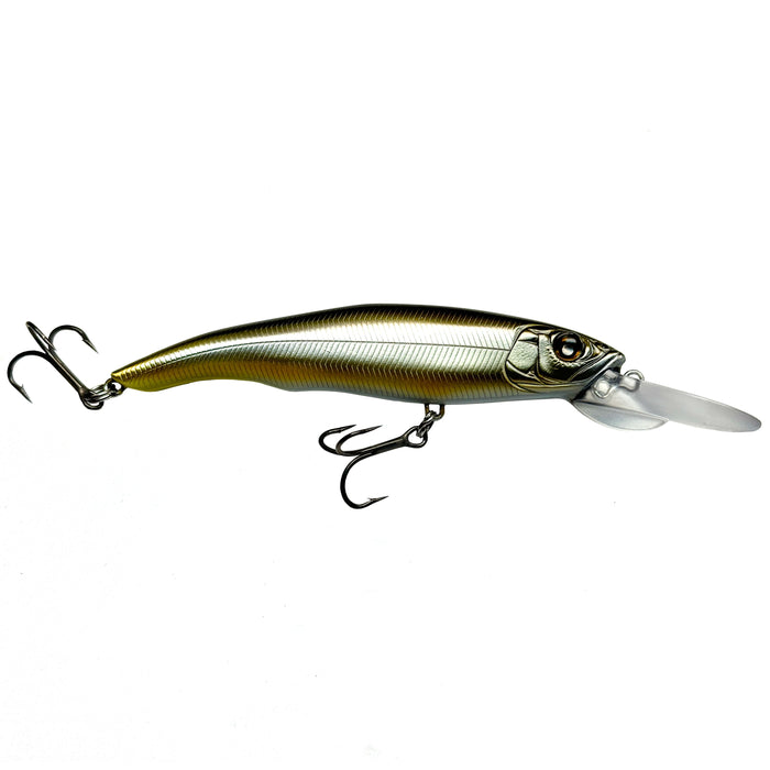 Nishine Lure Works Erie 95MD Jerkbait fishing lure with a holographic smelt finish, featuring sharp treble hooks and a clear diving lip for effective freshwater fishing tackle.