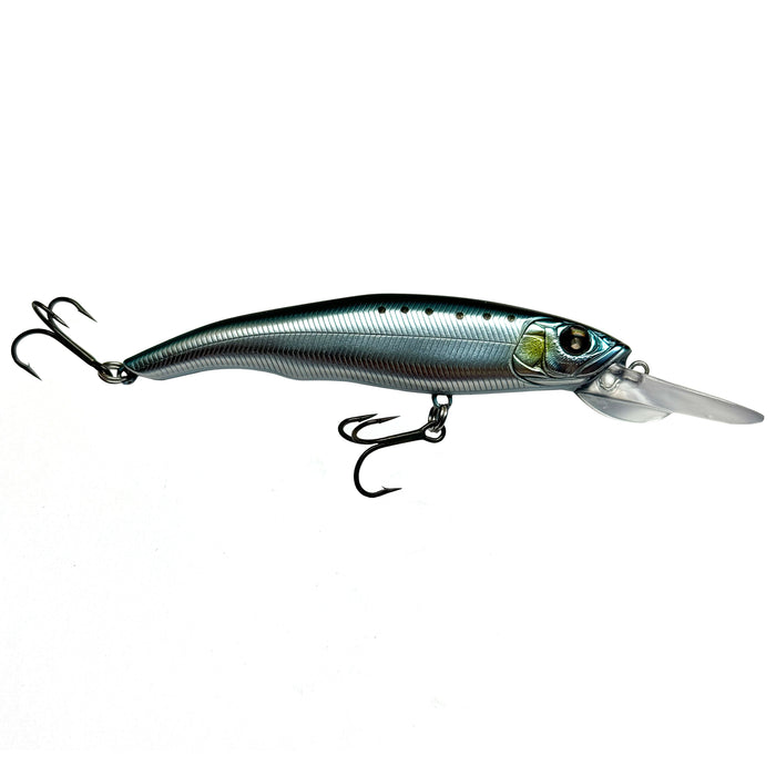 Nishine Lure Works Erie 95MD Jerkbait fishing lure with a sleek, metallic blue chrome finish, detailed fish eye, and two sets of sharp treble hooks designed for effective fishing tackle use.