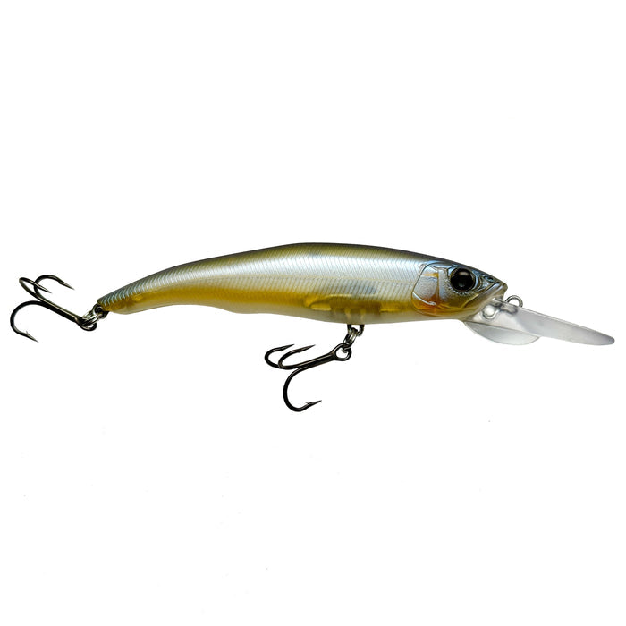 Nishine Lure Works Erie 95MD Jerkbait fishing lure designed to mimic a small baitfish with realistic silver and yellow coloring, featuring two treble hooks and a plastic diving lip.