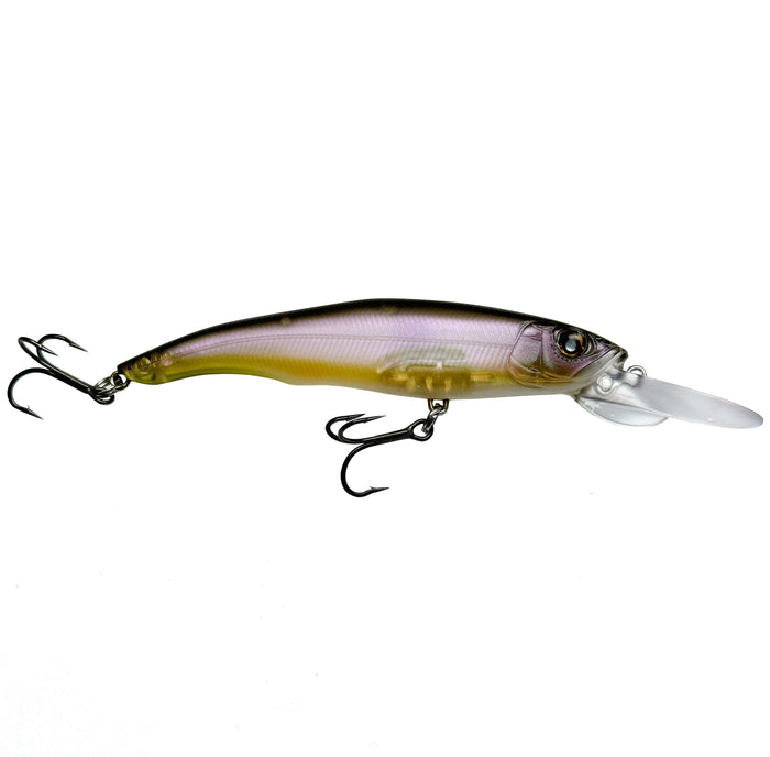 Nishine Lure Works Erie 95MD Jerkbait fishing lure in translucent colors with realistic fish detailing, two treble hooks, and a clear diving lip for effective fishing tackle.