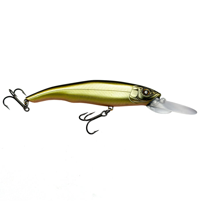 Nishine Lure Works Erie 95MD Jerkbait in metallic gold and black finish with two sharp treble hooks and a clear plastic lip for lifelike fishing lure action.