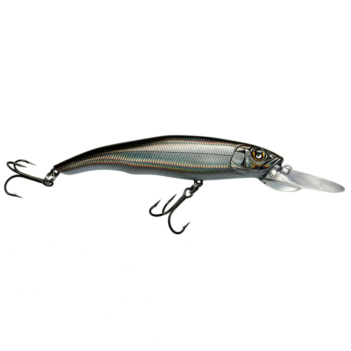 Nishine Lure Works Erie 95MD Jerkbait in gunmetal color with a sleek, lifelike fish design and two treble hooks, ideal for fishing tackle and musky fishing.