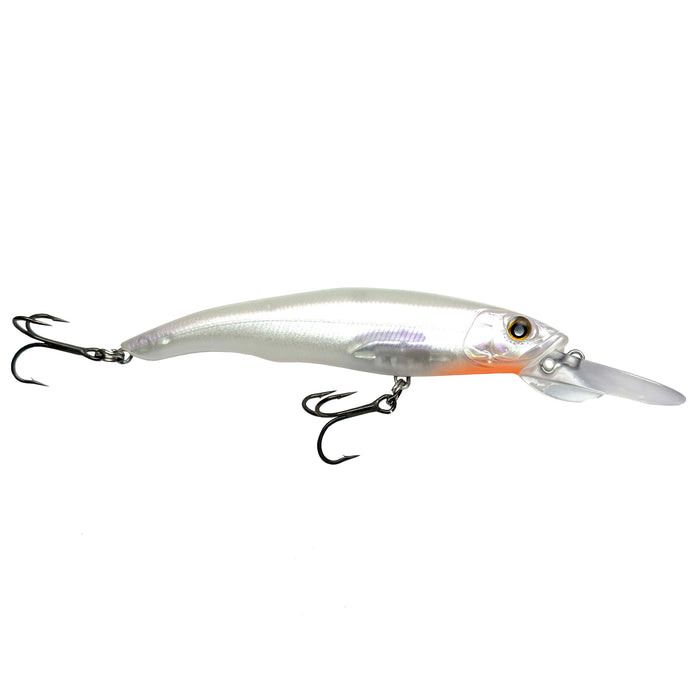 Nishine Lure Works Erie 95MD Jerkbait fishing lure with a sleek, translucent body featuring two sharp treble hooks and a diving lip for lifelike movement in water.