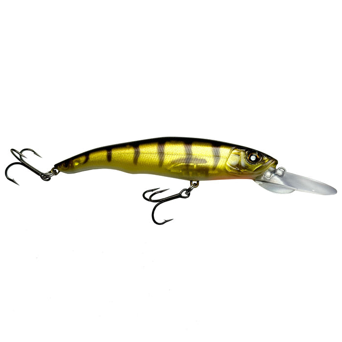 Nishine Lure Works Erie 95MD Jerkbait designed to mimic a yellow perch with a slender body, lifelike eyes, and two sharp treble hooks for effective fishing tackle use.