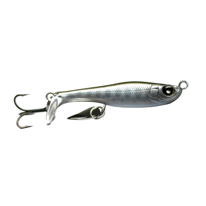 Nishine Lure Works Saugeen 40 fishing lure designed to resemble a small fish with shiny silver body, detailed eyes, and equipped with treble hooks and a metal spinner for effective fishing tackle use.