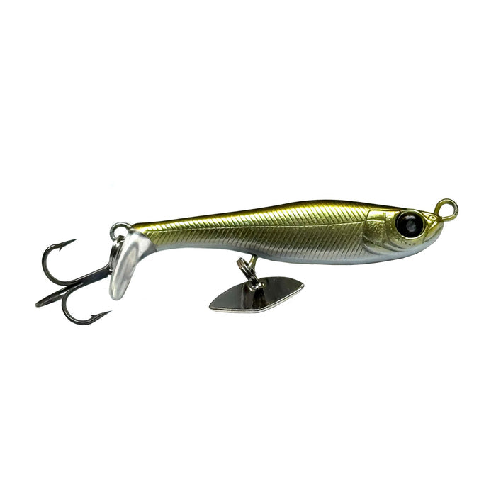 Nishine Lure Works Saugeen 40 fishing lure in metallic green and silver with detailed eye, treble hook, and a small metal fin for realistic movement in water.