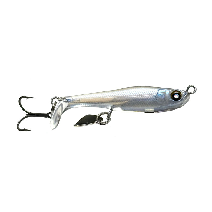 Nishine Lure Works Saugeen 40 fishing lure in silver with realistic fish shape, detailed eyes, and treble hook designed for effective fishing tackle.