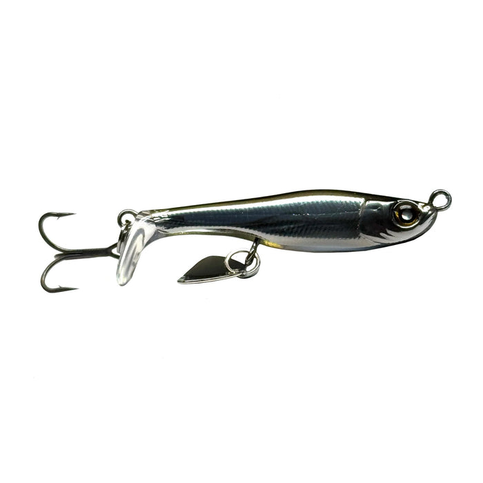 Nishine Lure Works Saugeen 40 fishing lure designed with a realistic silver and black fish profile, featuring a treble hook and paddle tail for effective musky fishing tackle.