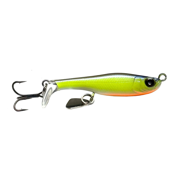 Nishine Lure Works Saugeen 40 fishing lure with a bright yellow-green body, realistic fish eye, metal treble hook, and spinner blade for attracting musky and other game fish.