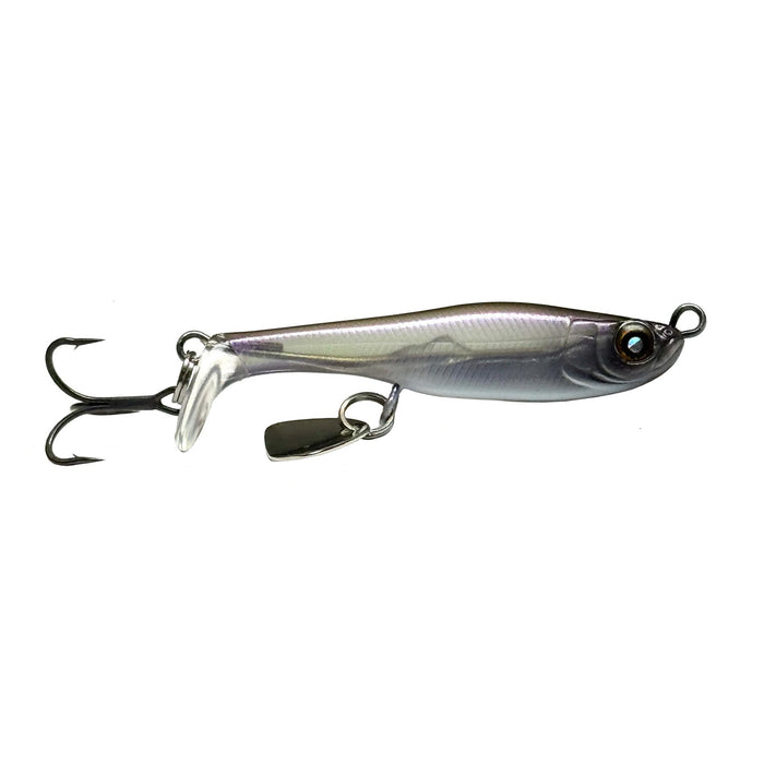 Nishine Lure Works Saugeen 40 fishing lure in silver and grey with a realistic fish shape, detailed eyes, treble hook, and an attached spinner blade for attracting fish.