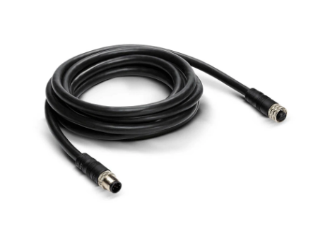 Coiled black NMEA 2000 Drop Cable - 5M 720117-3 with durable connectors on both ends for marine electronics and fishing tackle systems.