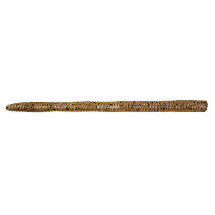 Nories 5.25" Latterie Finesse Worm fishing lure in brown with black and blue flecks, designed for finesse fishing techniques on various freshwater species.