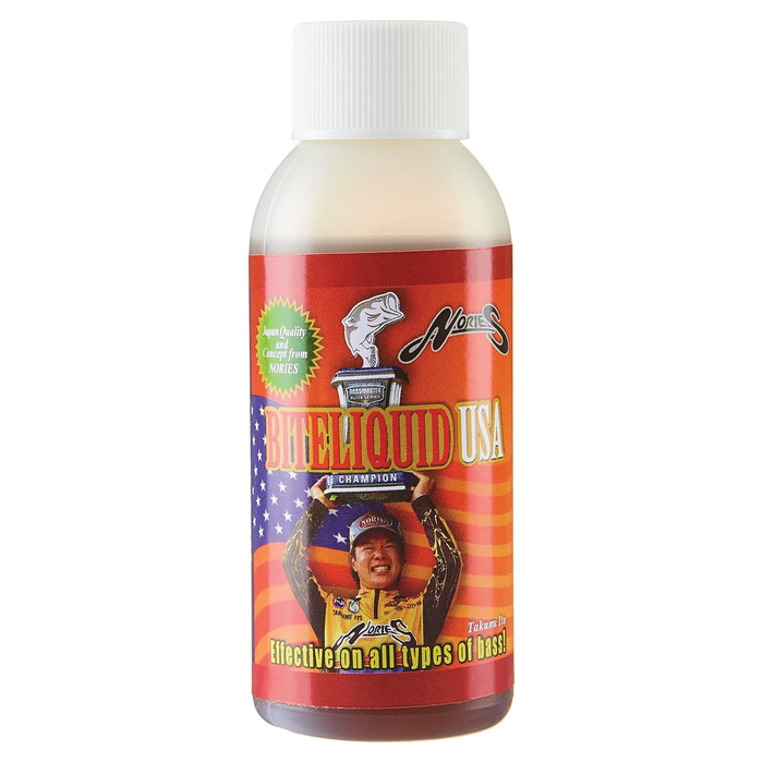 Bottle of Nories Bite Liquid USA fishing attractant with red label featuring an American flag background, a fisherman holding a trophy, and text highlighting its effectiveness on all types of bass.