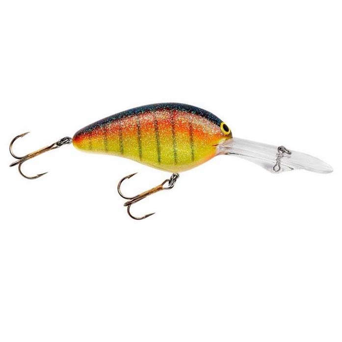 Norman Lures DD22 Crankbait fishing lure with a yellow and orange body, black vertical stripes, two treble hooks, and a clear plastic diving lip for realistic movement in water.