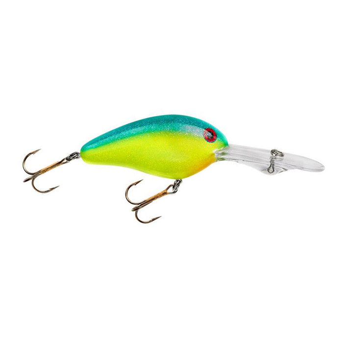 Norman Lures DD22 Crankbait fishing lure in blue and chartreuse colors with two treble hooks and a clear diving lip designed for effective freshwater fishing tackle.