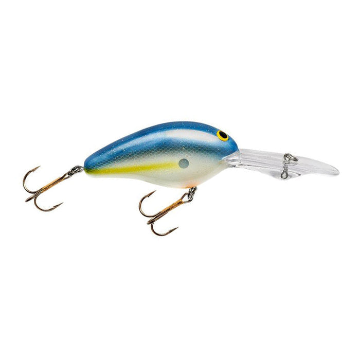 Norman Lures DD22 Crankbait fishing lure with a blue and yellow body, detailed fish scale pattern, two treble hooks, and a clear diving lip for fishing tackle enthusiasts.