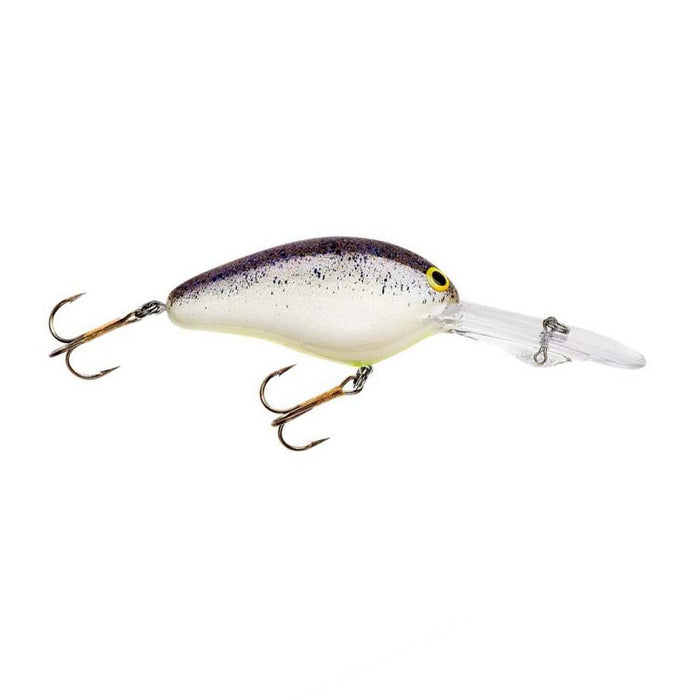 Norman Lures DD22 Crankbait fishing lure with a rounded body in white and purple speckled finish, equipped with two treble hooks and a clear plastic diving lip for fishing tackle.