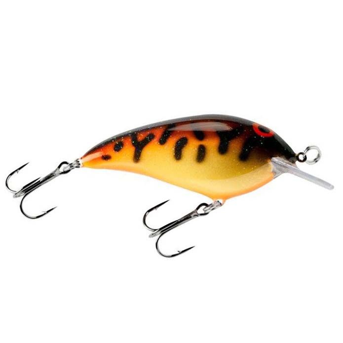 Norman Lures Speed N Crankbait in a yellow and orange pattern with black markings, featuring two treble hooks and a clear plastic diving lip for fishing tackle.