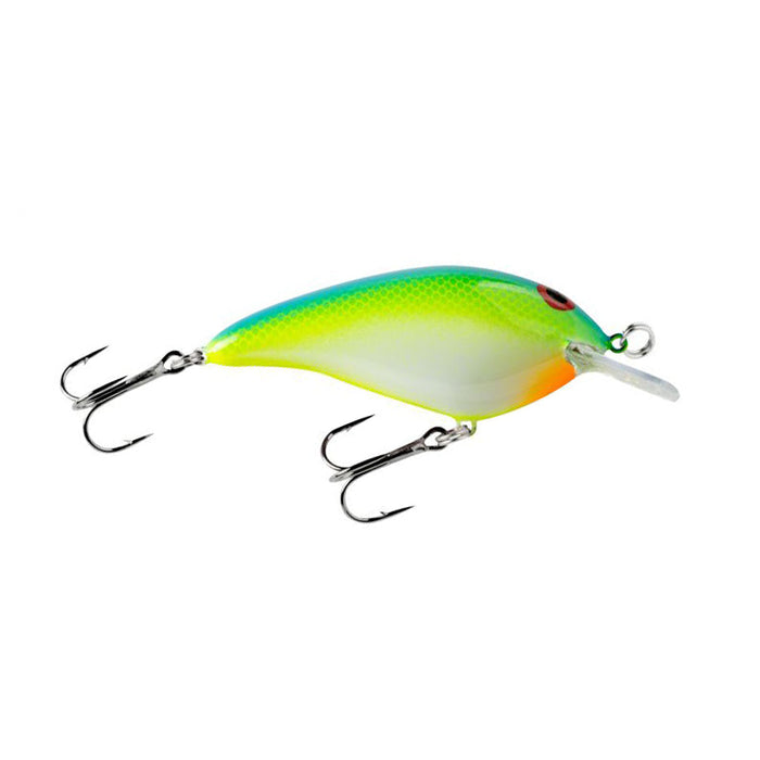 Norman Lures Speed N Crankbait fishing lure with bright green, blue, and yellow coloring, equipped with two treble hooks, designed for effective fishing tackle use.