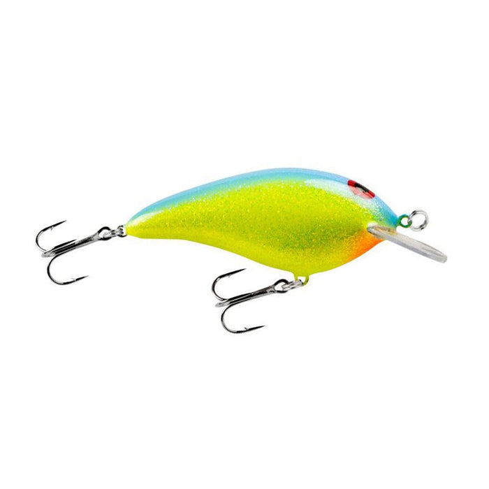 Norman Lures Speed N Crankbait in vibrant blue and yellow with two treble hooks and a clear plastic lip for realistic swimming action in fishing tackle.