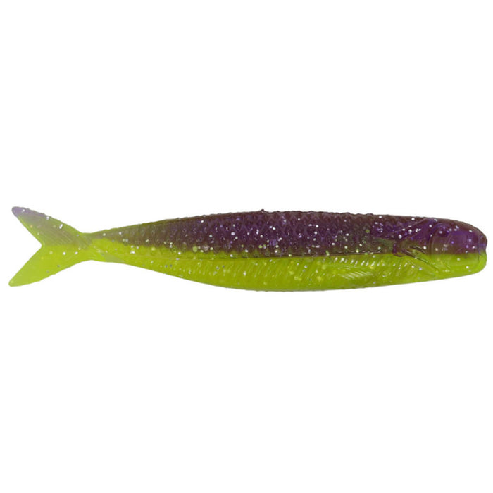 Northland Eye-Candy Shiner soft fishing lure in green and purple with a shad-style body, designed for effective fishing tackle use targeting musky and other game fish.