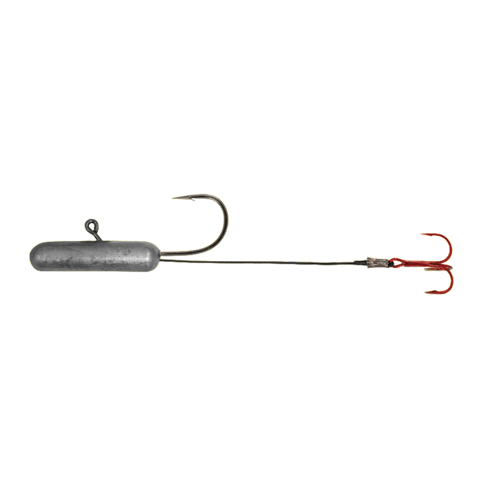 Northland Sting'n Level Head Inner Tube Jig with a cylindrical weighted head, a single large hook, and a red treble hook connected by a thin wire for fishing tackle.