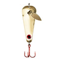 Northland Thumper Spoon fishing lure in polished gold with a small silver spinner blade and red treble hook designed for effective musky fishing tackle.