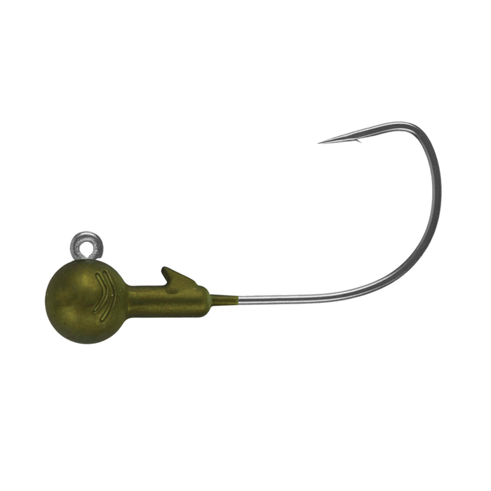 Northland Tungsten Round Ball Wide Gap Jig featuring a metallic olive green round tungsten head with integrated hook designed for fishing tackle and lure applications.