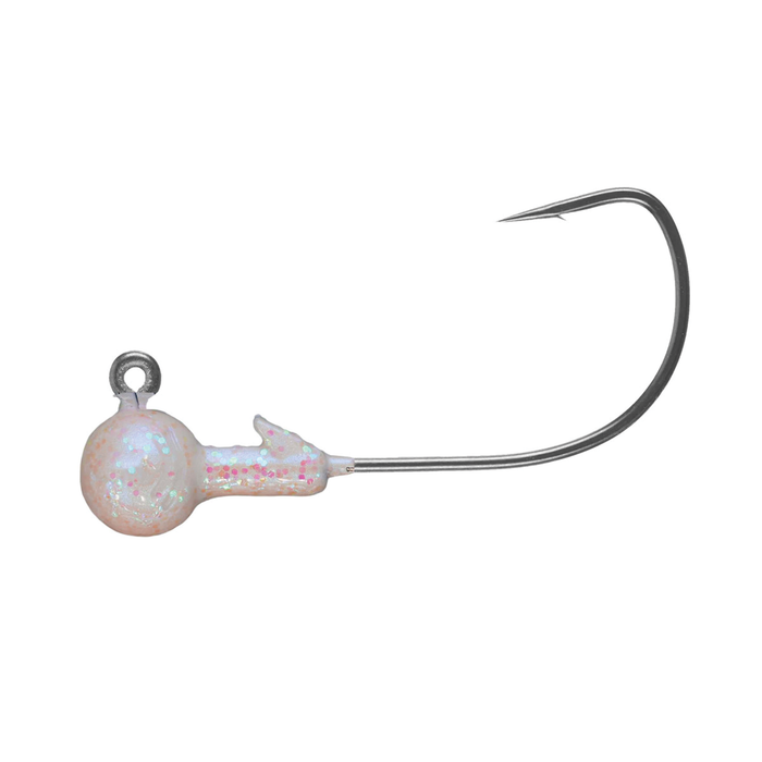 Northland Tungsten Round Ball Wide Gap Jig featuring a round, pearl-colored tungsten head with iridescent flakes and a sharp wide-gap fishing hook designed for effective fishing tackle use.