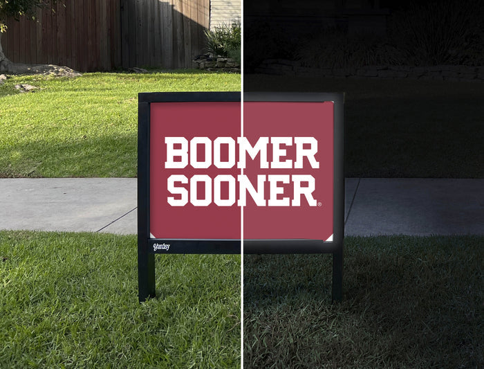 Oklahoma Boomer Sooner Wordmark Crimson Yardsy Sign - Day Night