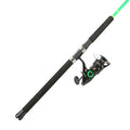 Okuma Cat Slayer Baitfeeder - Spinning Combo with a black handle and green accents, featuring a baitfeeder reel designed for fishing rods and reels in freshwater or saltwater fishing.