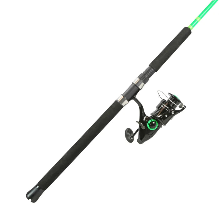 Okuma Cat Slayer Baitfeeder - Spinning Combo with a black handle and green accents, featuring a baitfeeder reel designed for fishing rods and reels in freshwater or saltwater fishing.