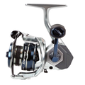 Okuma Safyre spinning fishing reel with silver and dark blue accents, featuring a smooth handle and line spool designed for precision and durability in fishing tackle.