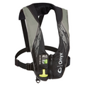 Onyx A/M-24 All Clear - Auto/Manual Inflatable Life Jacket in black and gray with adjustable straps, zipper front, and compact design for safety during fishing and boating activities.