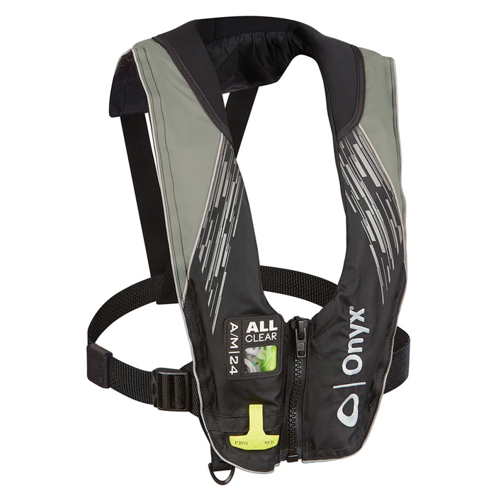 Onyx A/M-24 All Clear - Auto/Manual Inflatable Life Jacket in black and gray with adjustable straps, zipper front, and compact design for safety during fishing and boating activities.
