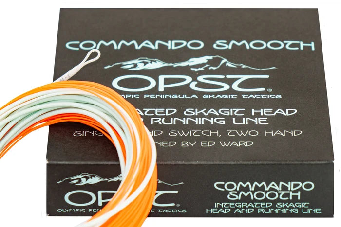 OPST Commando Smooth integrated Skagit head and running line in orange and white, designed for fly fishing and tailored for smooth casting performance.
