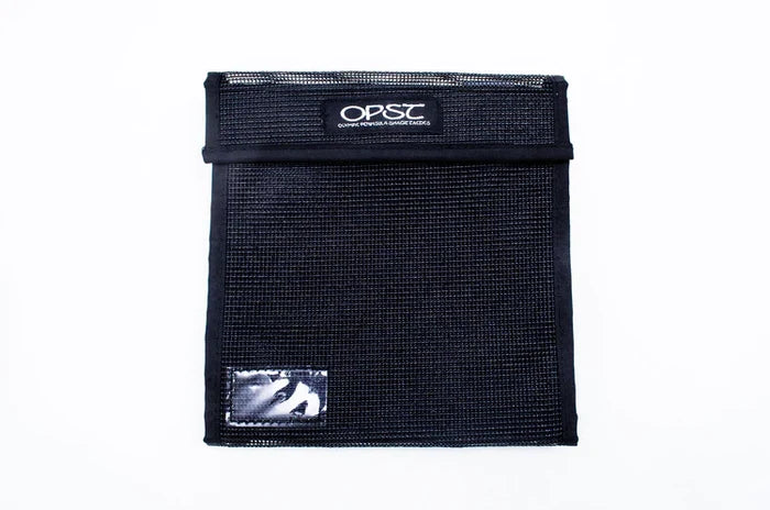Black mesh pouch with a velcro flap closure and a white OPST logo, designed for organizing fishing tackle, shown against a plain white background labeled as OPST Head Wallet.