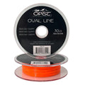 Spool of bright orange OPST Oval Line fishing line with clear plastic sides, labeled with strength and length details for fishing tackle use.