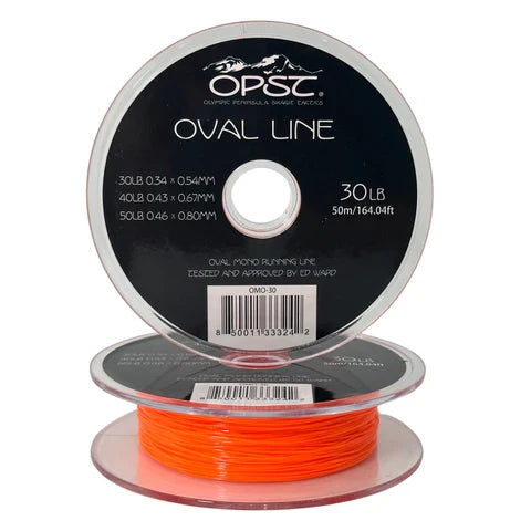 Spool of bright orange OPST Oval Line fishing line with clear plastic sides, labeled with strength and length details for fishing tackle use.