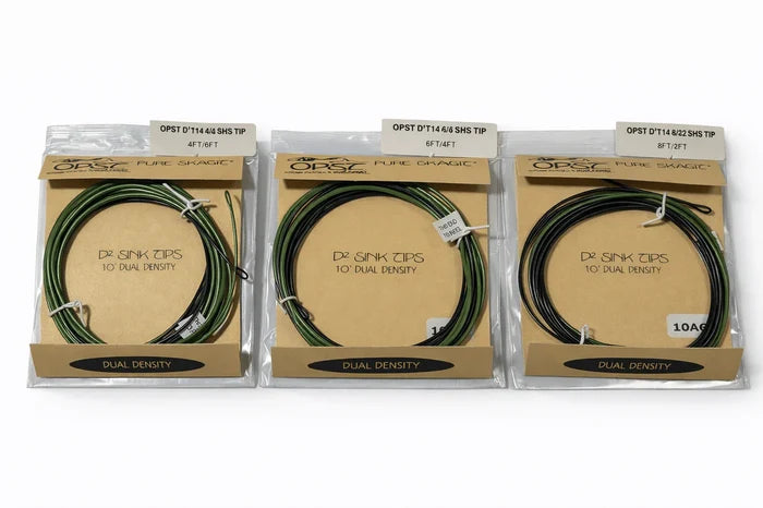 Three packages of OPST Pure Skagit D2 Dual Density Tips in green, yellow, and black, designed for fishing tackle and fly fishing rod setups.