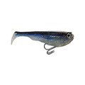 Optimum Baits Baby Line Thru Swimbait in blue and silver with realistic fish scales and a soft paddle tail, featuring a sharp treble hook for fishing tackle enthusiasts.