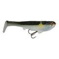 Optimum Baits Boom Boom Line-Thru Swimbait designed to mimic a small fish with a realistic two-tone black and silver body, a yellow accent near the head, and a soft paddle tail, featuring a sharp treble hook for effective fishing tackle.