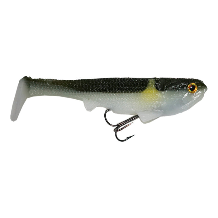 Optimum Baits Boom Boom Line-Thru Swimbait designed to mimic a small fish with a realistic two-tone black and silver body, a yellow accent near the head, and a soft paddle tail, featuring a sharp treble hook for effective fishing tackle.