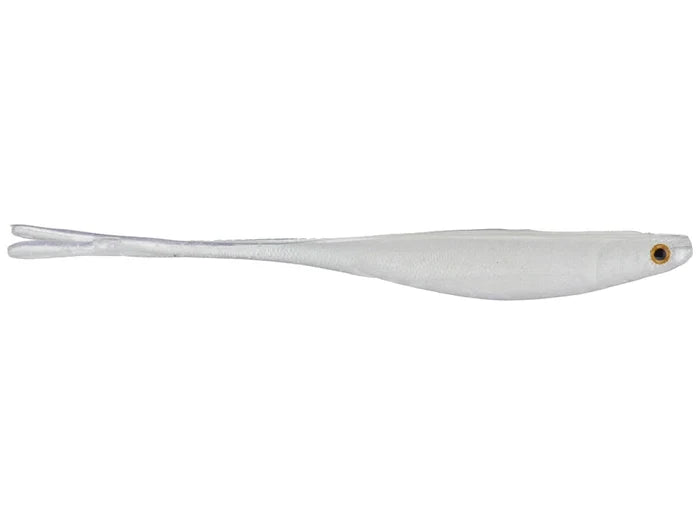 Optimum Victory Tail Soft Jerkbait in a translucent white color with realistic eye detail, designed for effective fishing tackle use targeting musky and other species.
