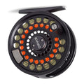 Orvis Battenkill Disk Fly Reel in black with orange and green fly line, featuring a perforated spool design and a single handle knob for fly fishing tackle.