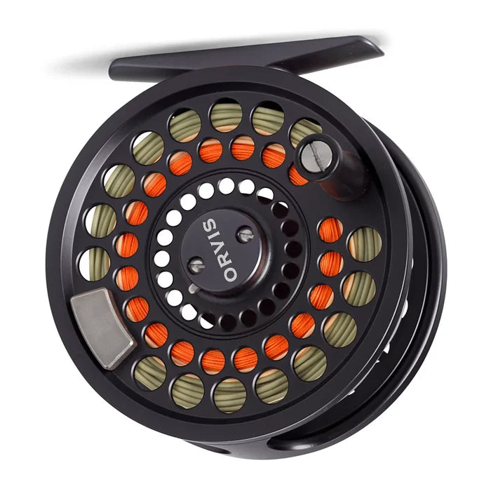 Orvis Battenkill Disk Fly Reel in black with orange and green fly line, featuring a perforated spool design and a single handle knob for fly fishing tackle.
