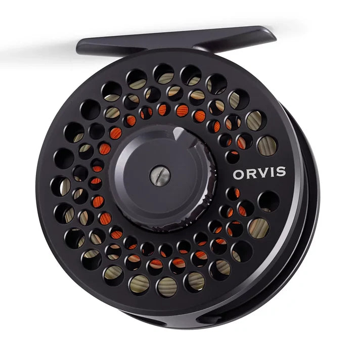 Orvis Battenkill Disk Fly Reel in black with circular perforations and visible orange fishing line, designed for efficient fly fishing performance and durability.